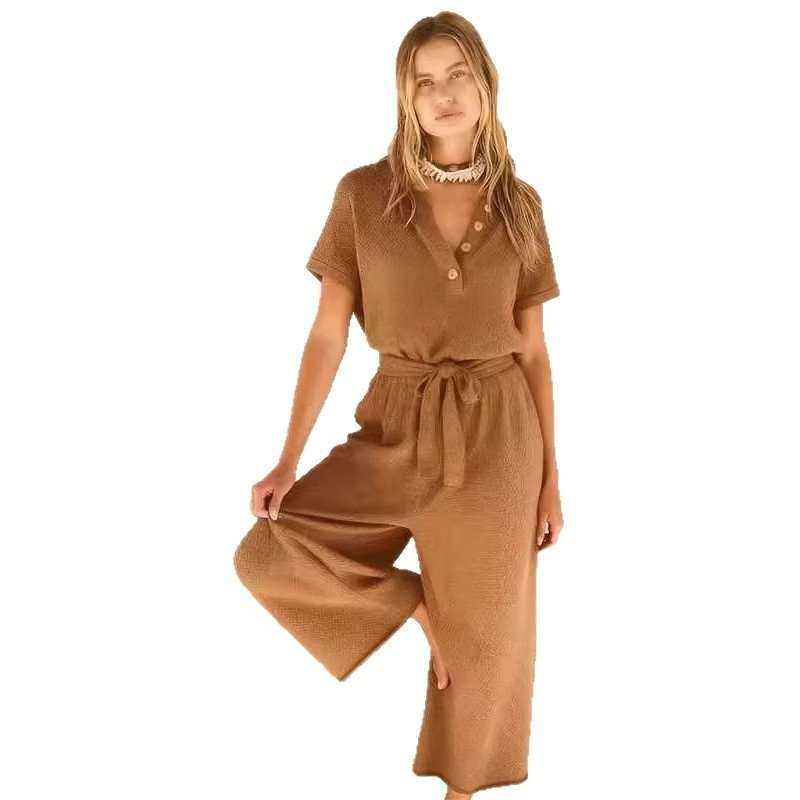 New Womens V-neck Buttoned Short-sleeve Wide-leg Pants With A Tie - Image 5