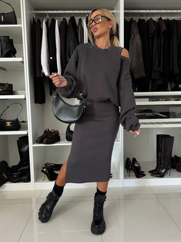 Womens Relaxed Off-shoulder Batwing-sleeve Cropped Top And Tank Dress Set - Image 7