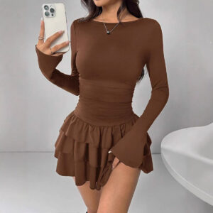 Round-neck Sheath Dress With Pleats And Long Sleeves