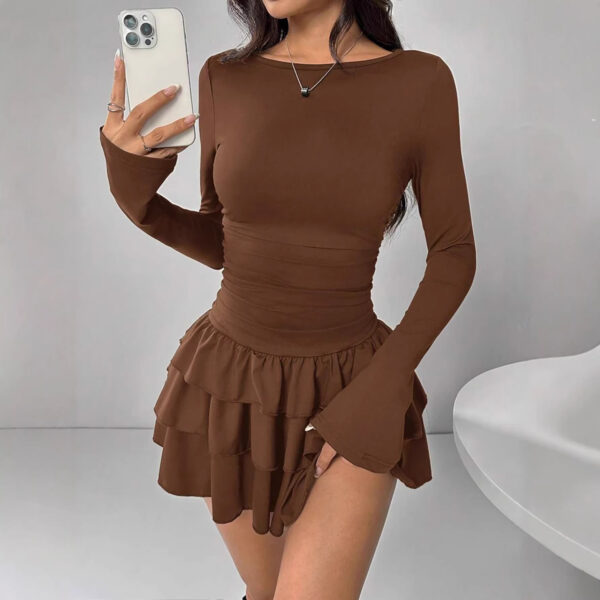 Round-neck Sheath Dress With Pleats And Long Sleeves