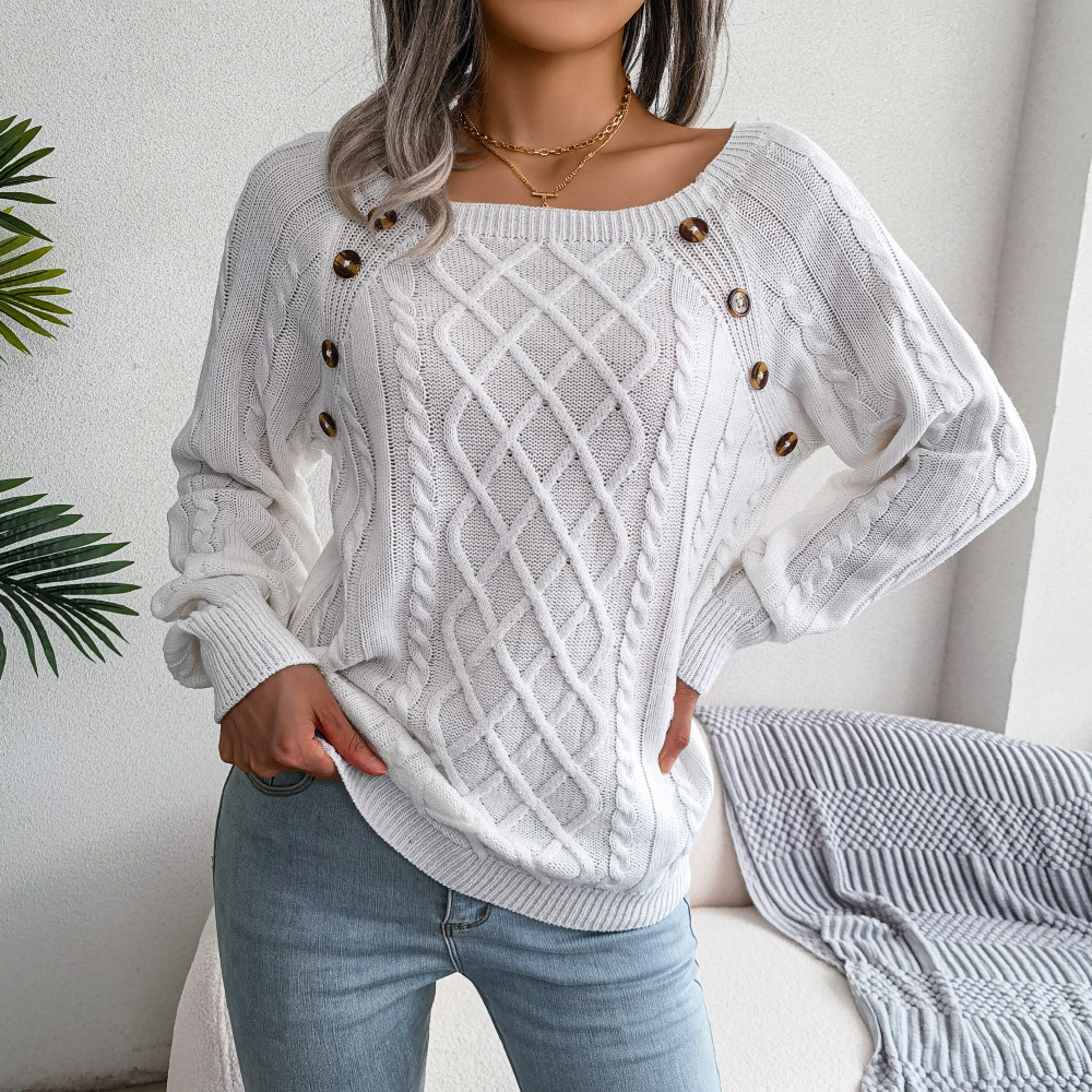 Square Neck Knitted Sweater With Button Design Winter Warm Long Sleeve Tops Women's Clothing - Image 6