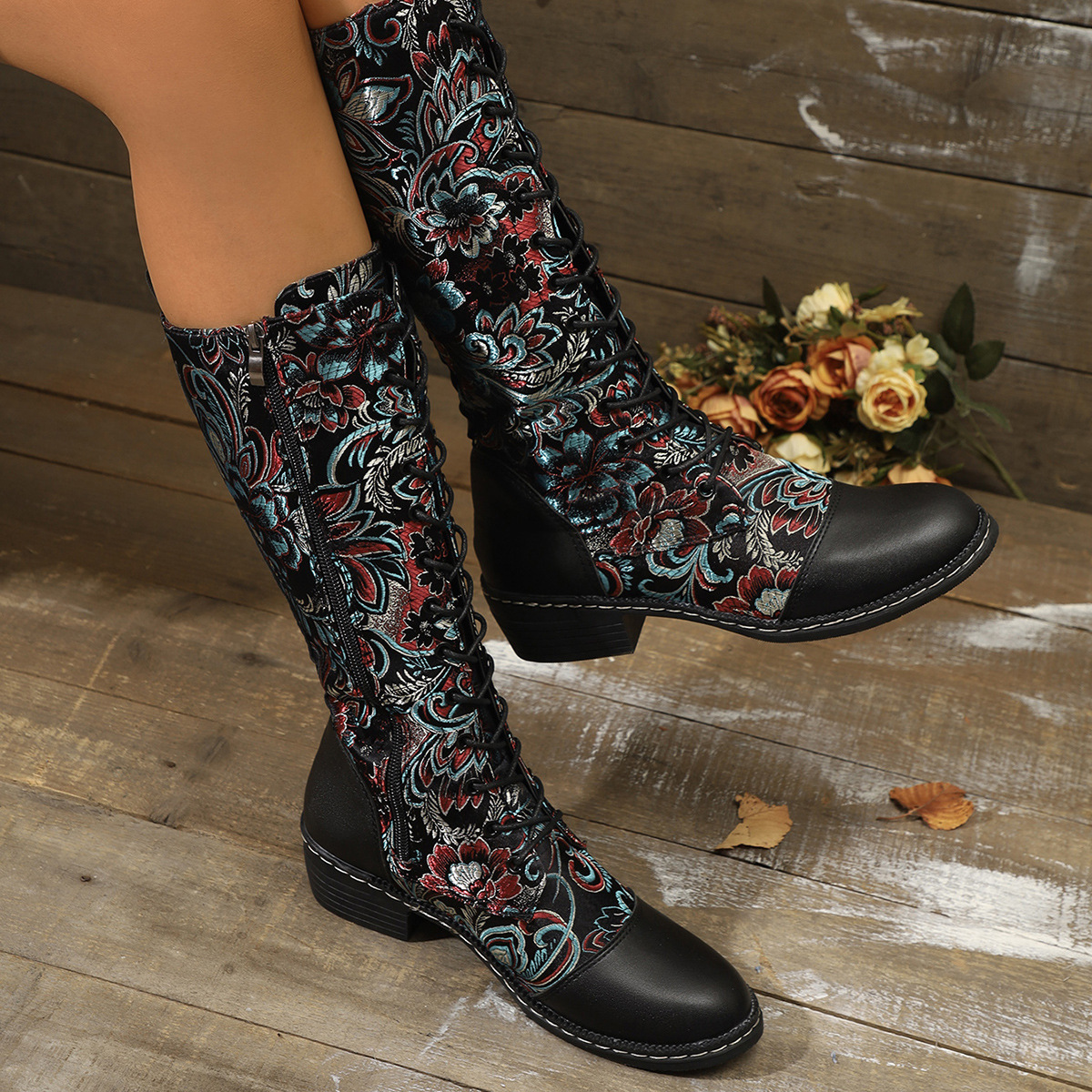 Womens Embroidered Ethnic-Style Chunky-Heel Boots