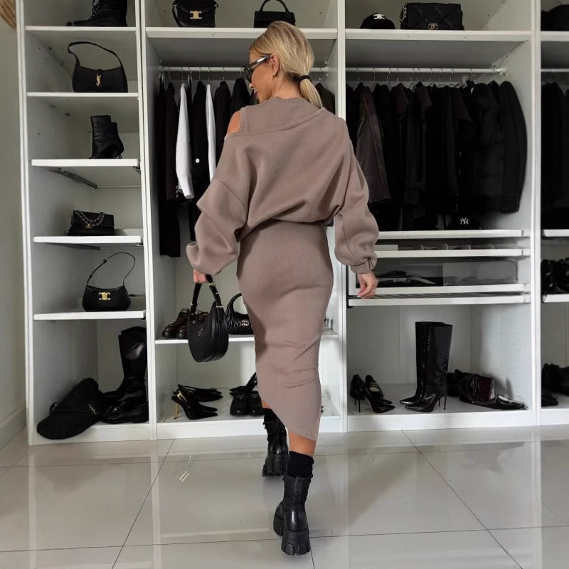 Womens Relaxed Off-shoulder Batwing-sleeve Cropped Top And Tank Dress Set - Image 5