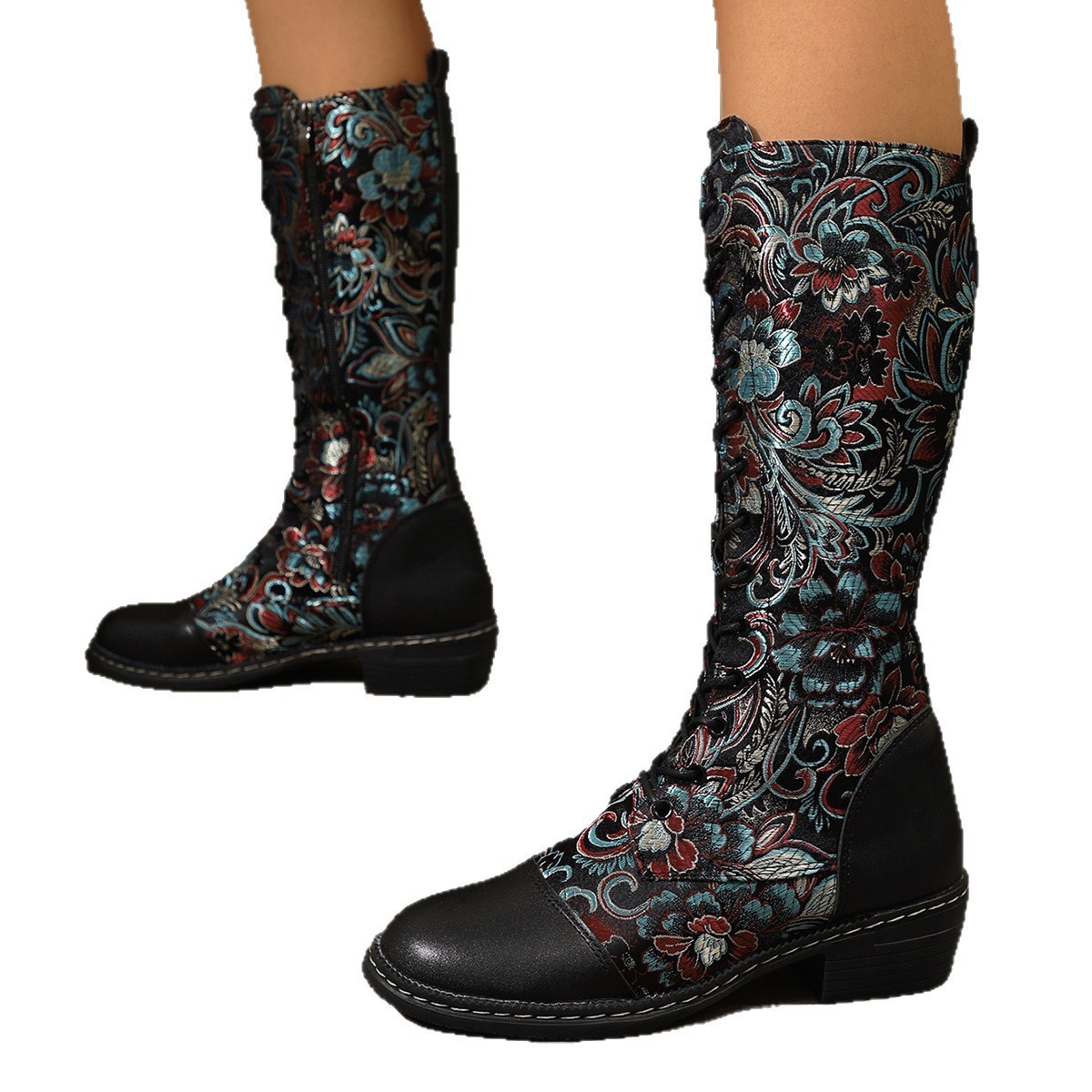 Womens Embroidered Ethnic-Style Chunky-Heel Boots - Image 5