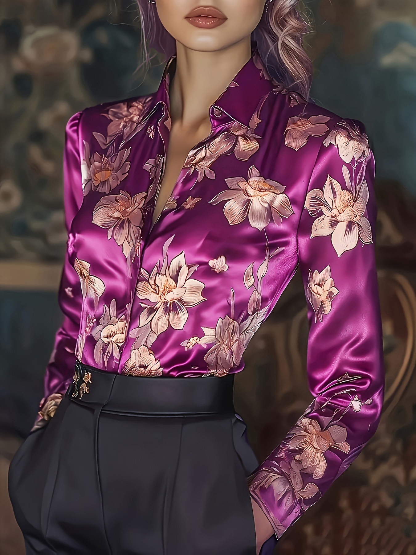 Womens Retro Printed Satin Long-Sleeve Shirt - Image 5