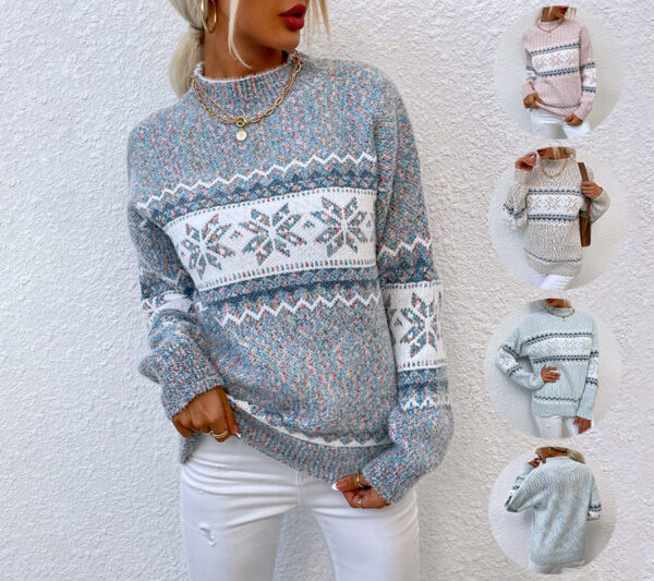 Winter Snowflake Sweater Fashion Half Turtleneck Pullover Knitted Tops Women's Christmas Clothing