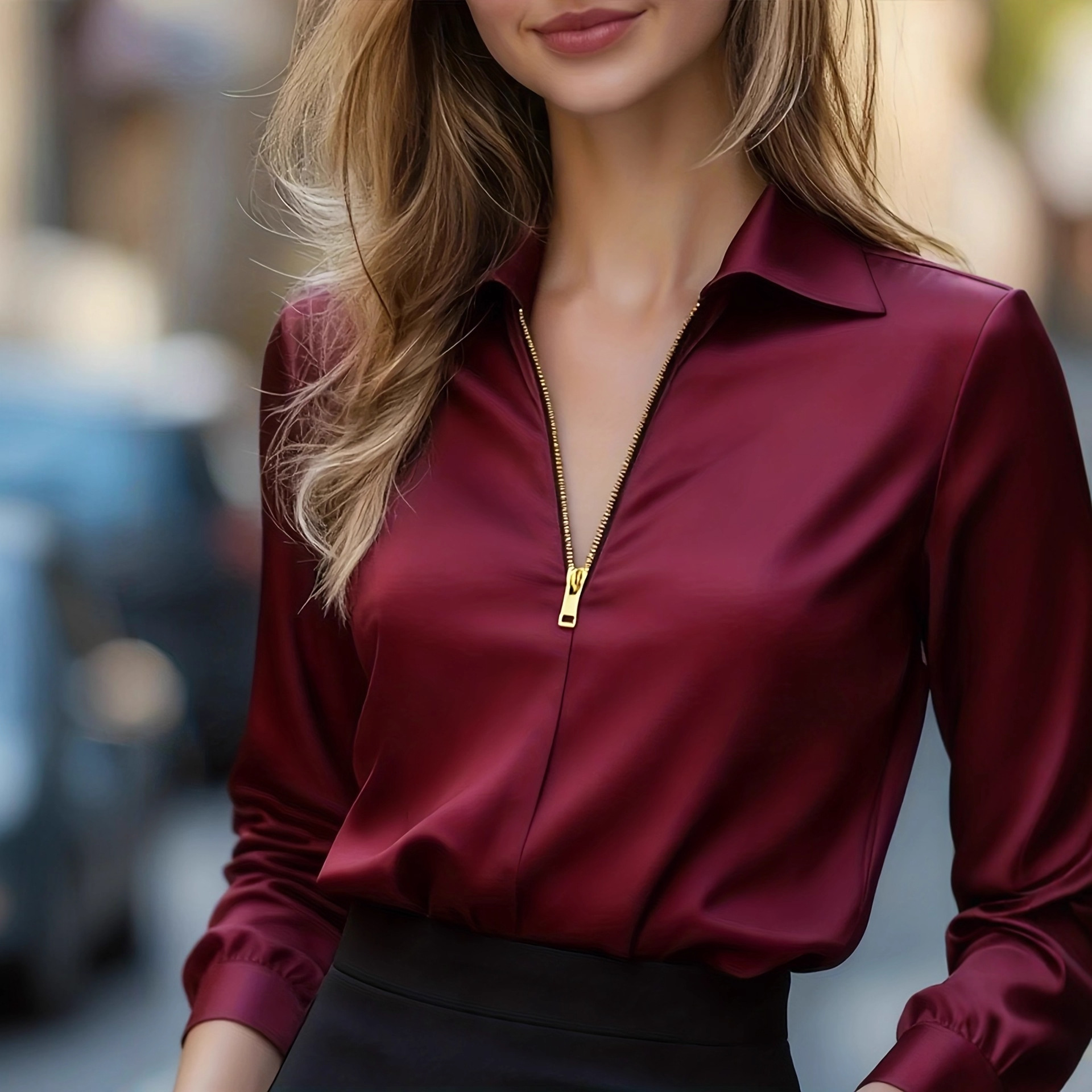 Elegant Solid-Color Minimalist V-Neck Long-Sleeve Shirt - Image 3