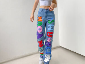 Sexy Contrast Color Letters Graffiti Print Loose Jeans
