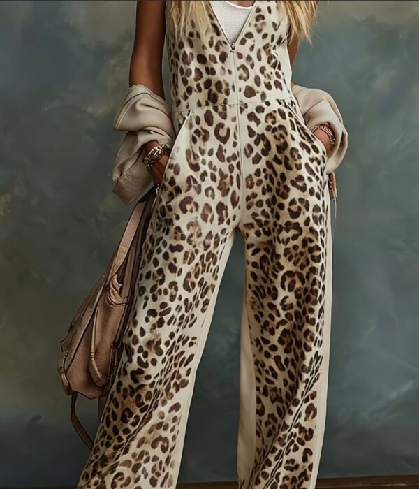 Women's American Retro Leopard Print V-Neck Zipper Wide-Leg Overalls Jumpsuit