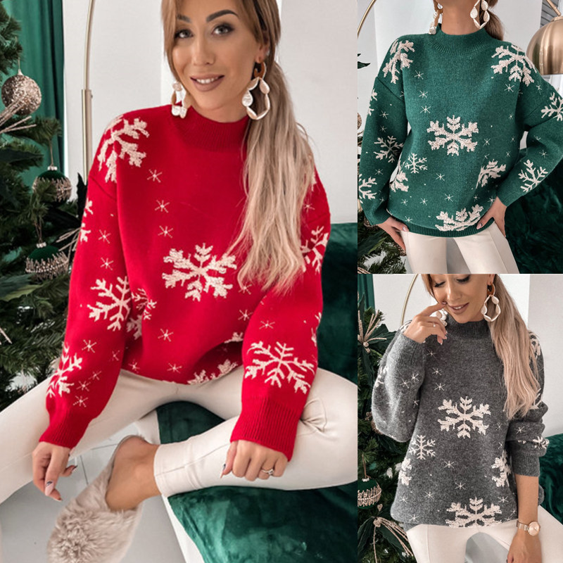 Fall Winter Women's Christmas Sweater Knitted Fluffy Loose Casual Christmas Snowflake Print Long Sleeves Pullovers Tops Streetwear - Image 6