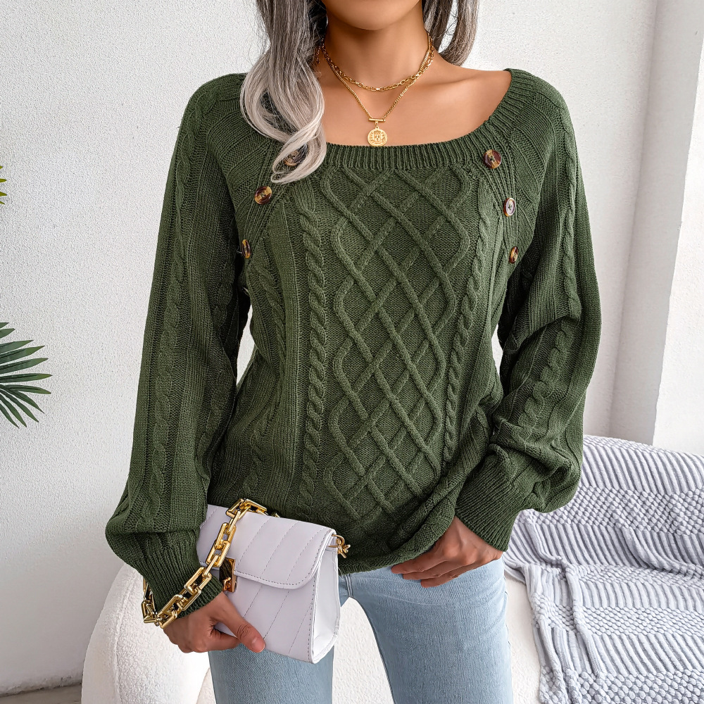 Square Neck Knitted Sweater With Button Design Winter Warm Long Sleeve Tops Women's Clothing - Image 5
