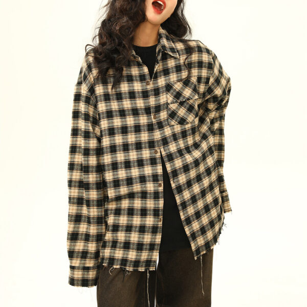 Womens Retro Maillard Loose All-Match Plaid Blouse