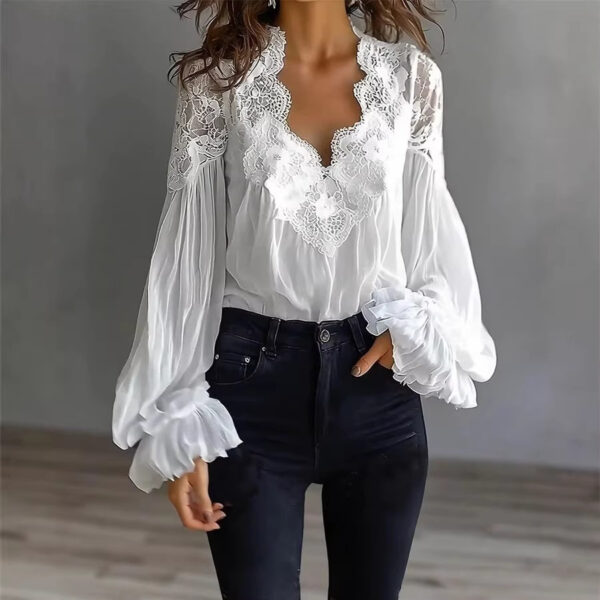 Womens Lace-Patchwork Ruffle-Shoulder Pleated Shirt