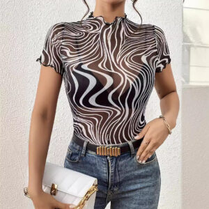 Elegant Womens Mesh Top With Floral Print Striped Design And Ruffle Trim Short Sleeves