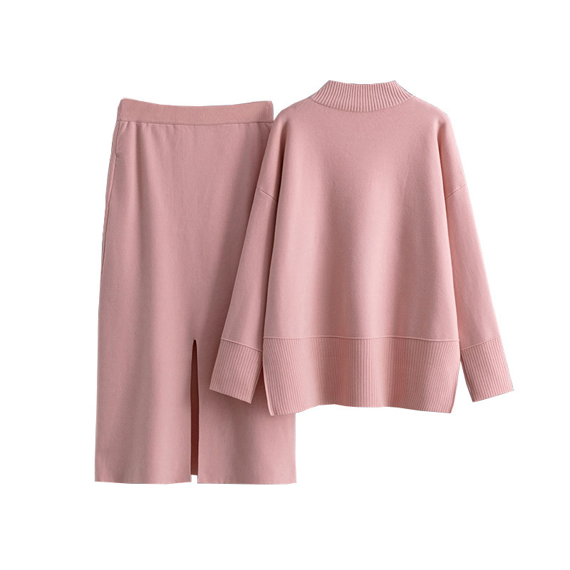 New FallWinter Solid-Color Turtleneck Sweater And Slit Bodycon Skirt Two-Piece Set - Image 5
