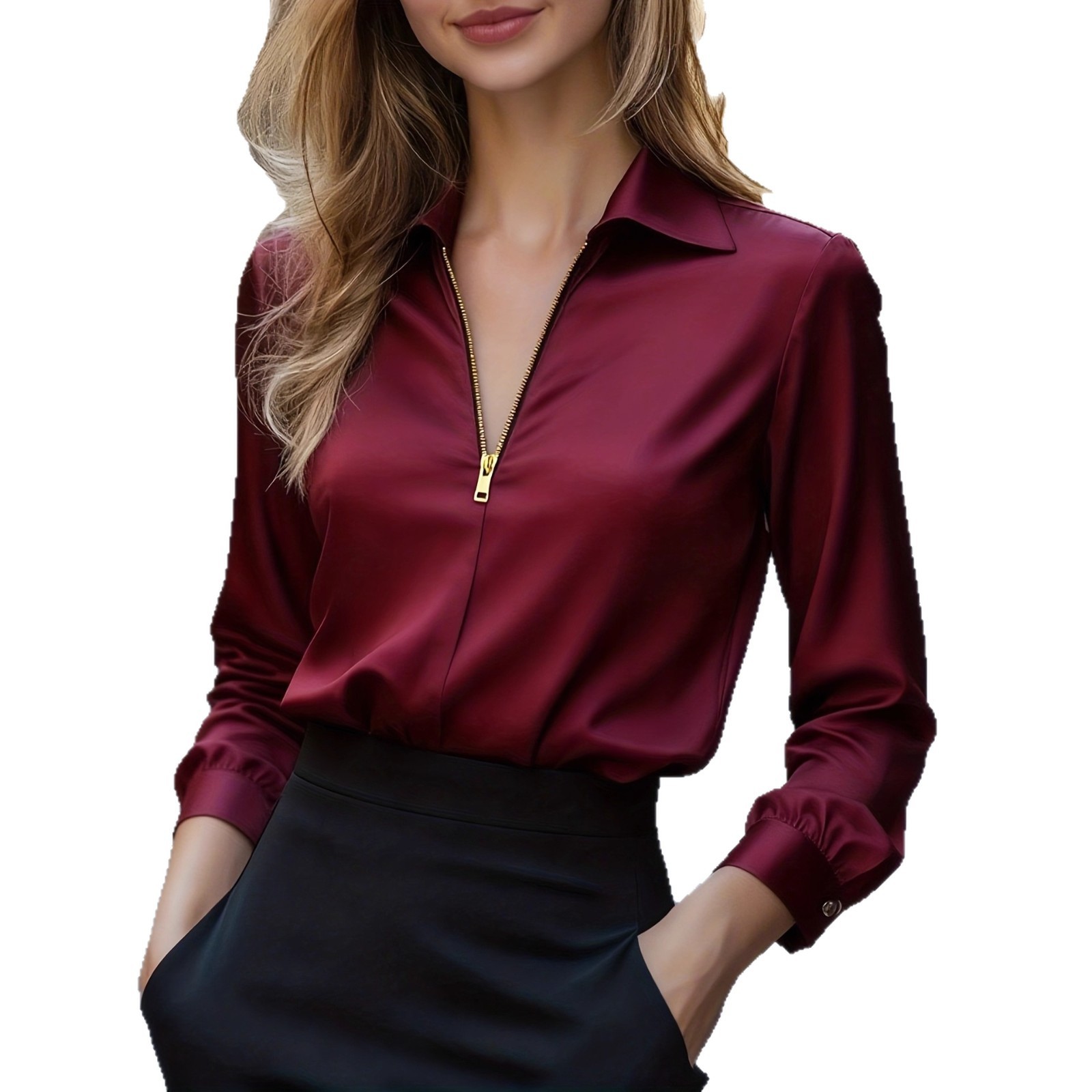 Elegant Solid-Color Minimalist V-Neck Long-Sleeve Shirt - Image 4