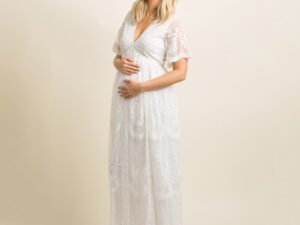 Maternity Dresses for Photo Shoot Summer V Neck White Lace Short Sleeve Pregnancy Dress Pregnant Women Photography Maxi Dress