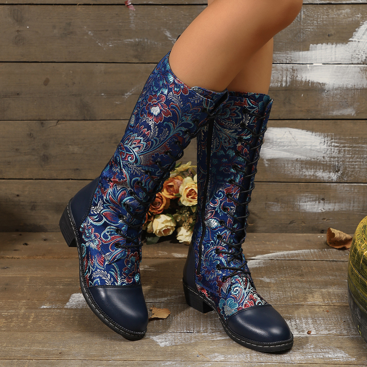 Womens Embroidered Ethnic-Style Chunky-Heel Boots - Image 4