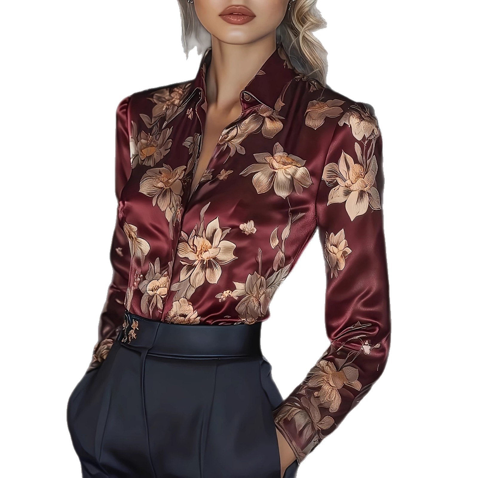 Womens Retro Printed Satin Long-Sleeve Shirt - Image 2