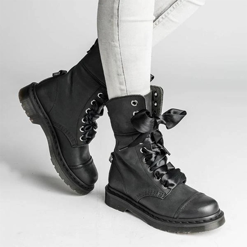 British-style Lace-up Round-toe Flat Ankle Boots For Women - Image 5