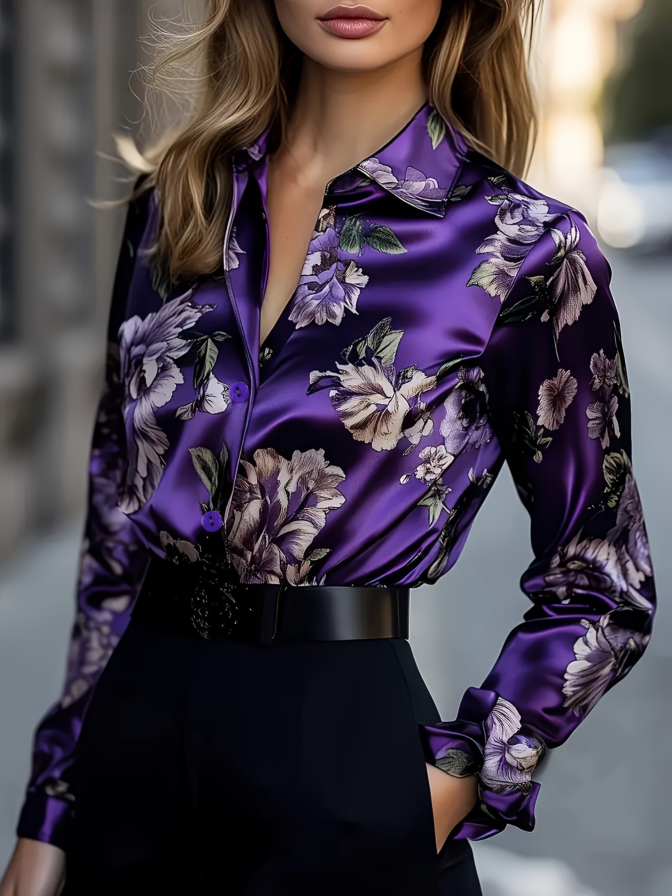 Womens Retro Printed Satin Long-Sleeve Shirt - Image 4