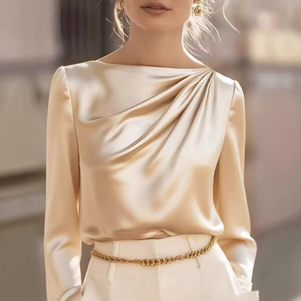 Womens Korean-style Versatile Slant-Neck Long-Sleeve Satin Shirt