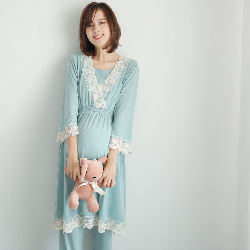 spring and autumn new Japanese maternity dress pregnant women breastfeeding clothes month clothes postpartum home service lace pajamas set - Image 4