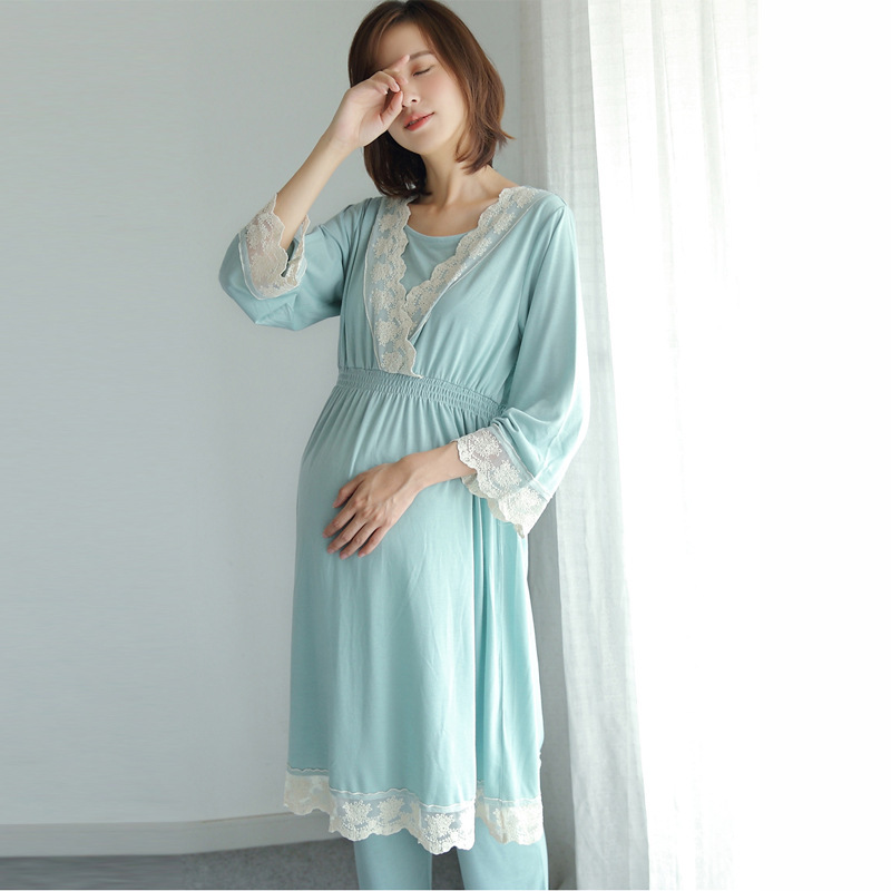 spring and autumn new Japanese maternity dress pregnant women breastfeeding clothes month clothes postpartum home service lace pajamas set - Image 3