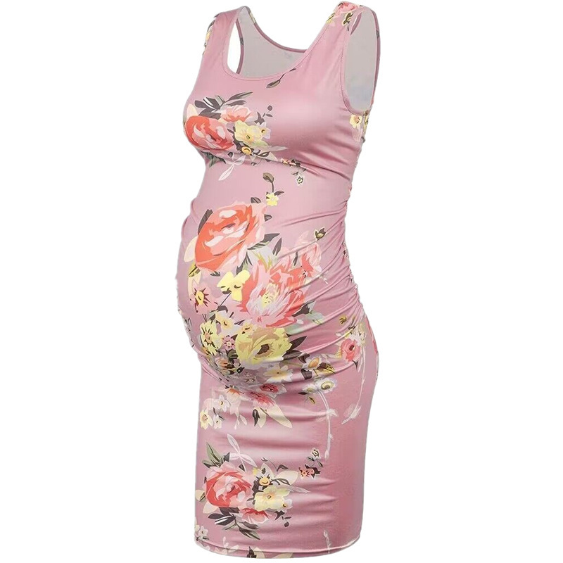 Round Neck Sleeveless Printed Maternity Clothes Dress - Image 3