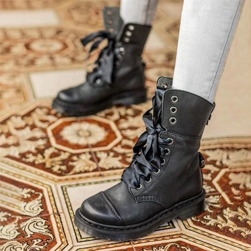 British-style Lace-up Round-toe Flat Ankle Boots For Women - Image 2