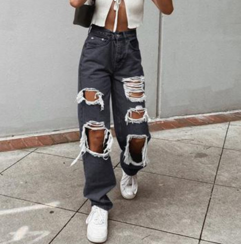 Women's American Retro Hole-punched Jeans Women High Waist Straight-crotch Loose Slim Design High-street Vibe Wide-legged Dragging Pants - Image 4