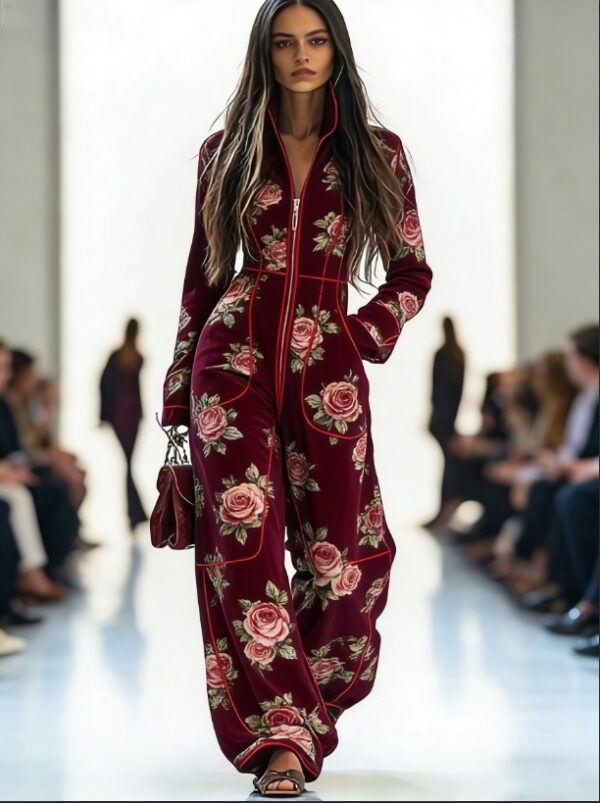 Zippered Long-sleeved Casual Wide-leg Jumpsuit