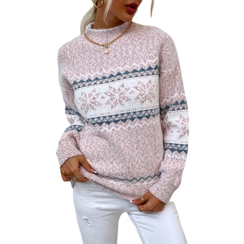 Winter Snowflake Sweater Fashion Half Turtleneck Pullover Knitted Tops Women's Christmas Clothing - Image 6