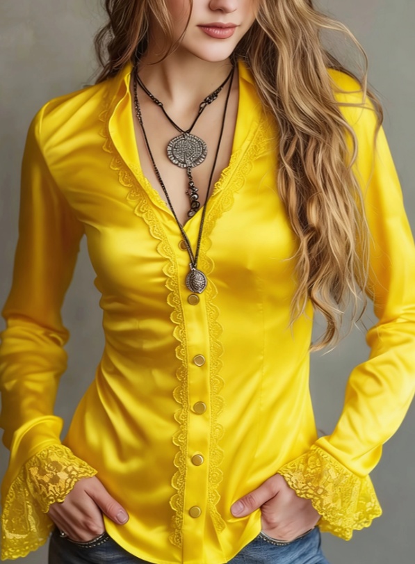 Women's Retro Sweet And Cool Style Lace-trimmed Lapel Slim Fit Long Sleeve Shirt