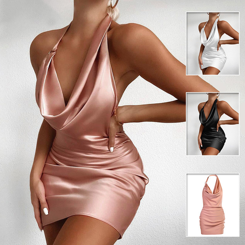 Satin Party Dress V Neck Backless Mini Sleeveless Summer Party Dress - Image 2