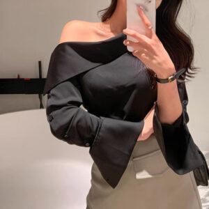 BABYNBEAUTY-Where Cuteness Meets Radiance for Your Little one - BabynBeauty 233 Womens Solid-Color Off-the-Shoulder Button-Down Korean-Style Fashion Shirt