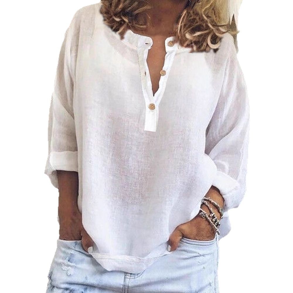 Solid Color Casual Loose Long Sleeve Linen Shirt - Image 5