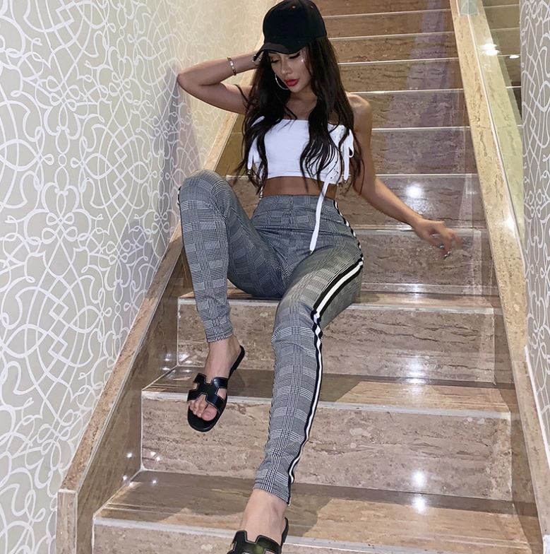 European and American street sports and leisure pants women AliExpress Houndstooth Ribbon high waist tight stretch pants - Image 4