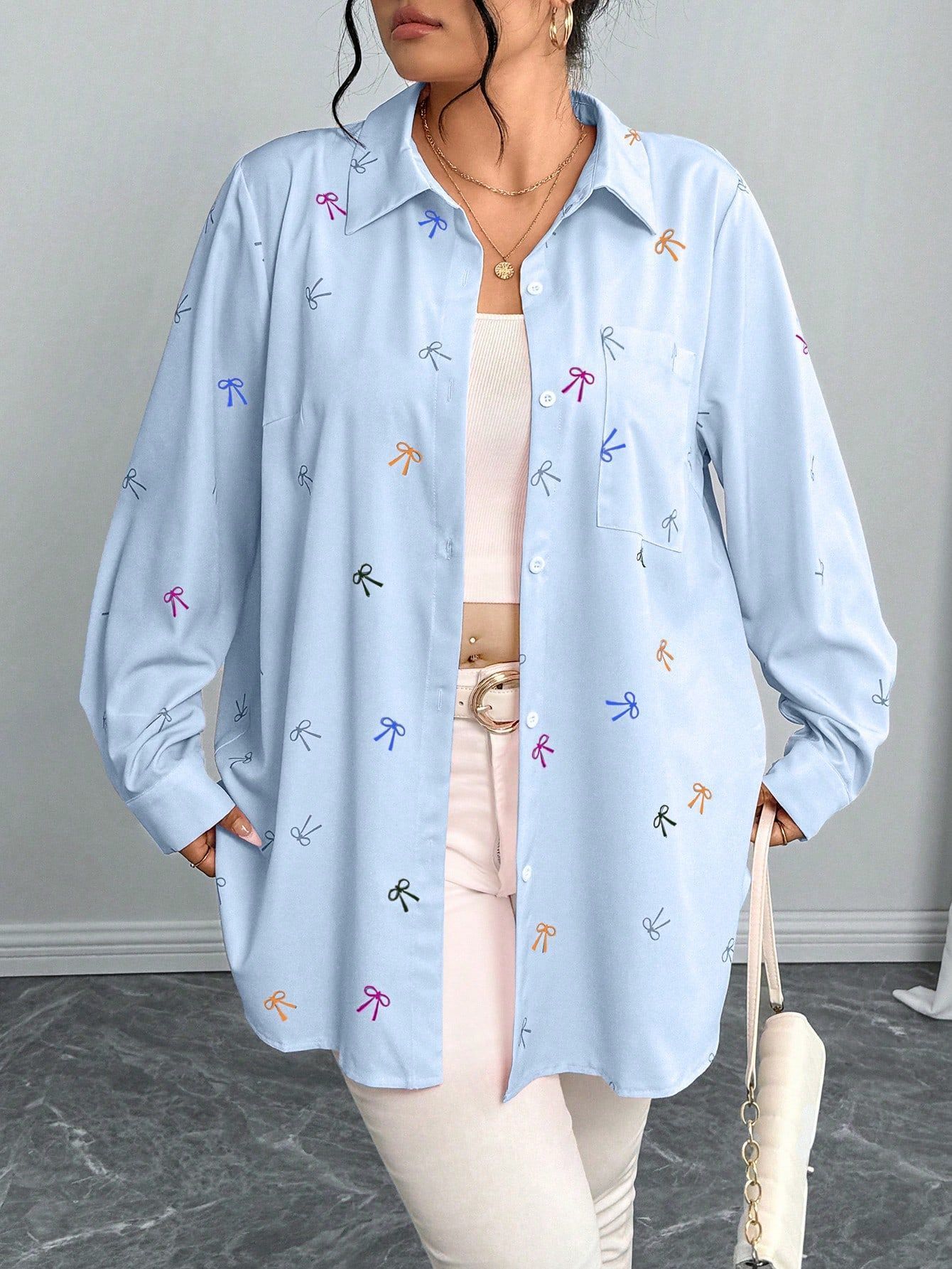 New Plus Size Womens Shirt Jacket With Bow Tie And Print Long Sleeve Top - Image 8