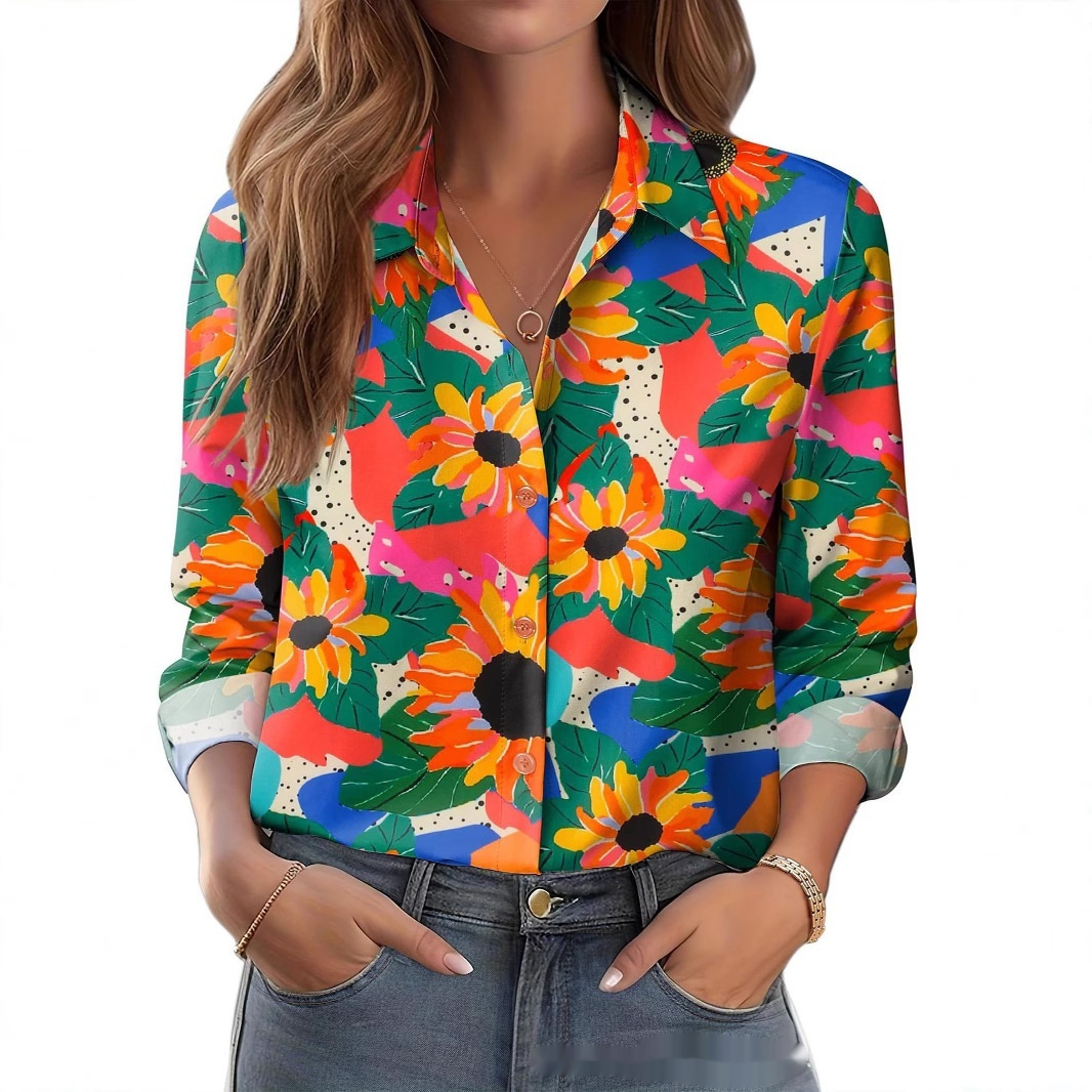 Womens 3D-printed Floral Loose-fit Blouse - Image 4