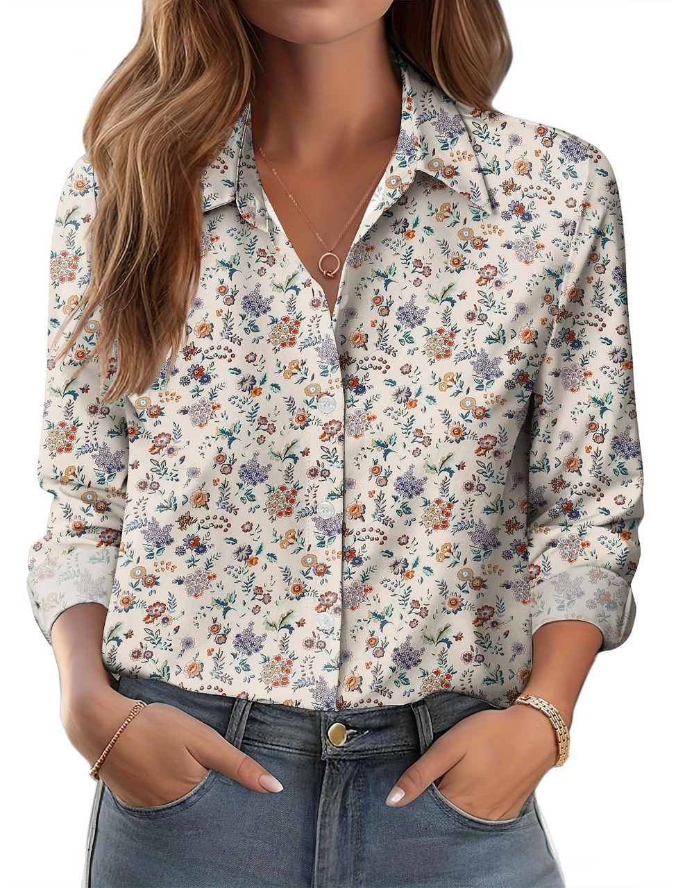 Womens 3D-printed Floral Loose-fit Blouse - Image 9