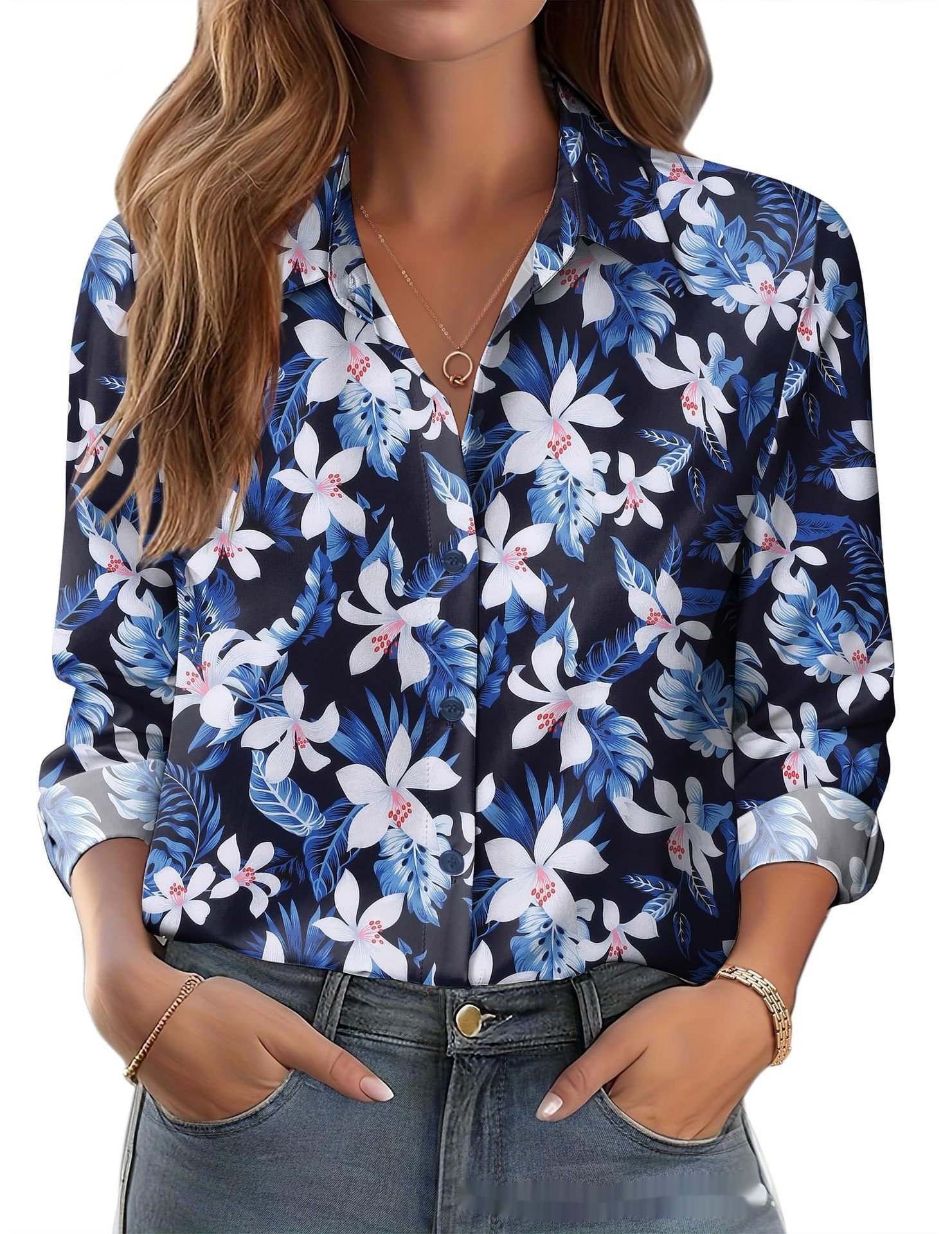 Womens 3D-printed Floral Loose-fit Blouse - Image 7