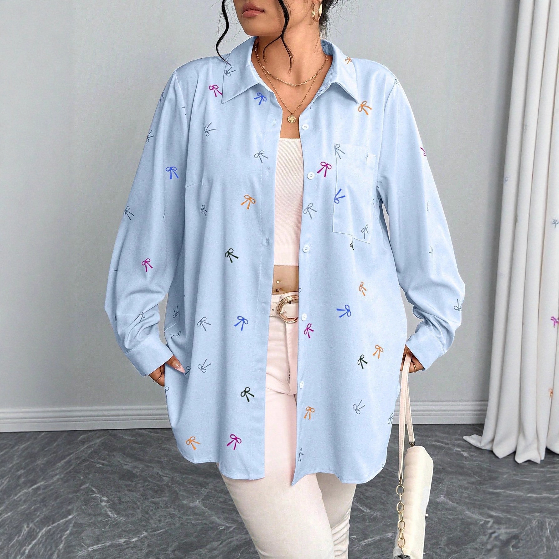 New Plus Size Womens Shirt Jacket With Bow Tie And Print Long Sleeve Top - Image 4