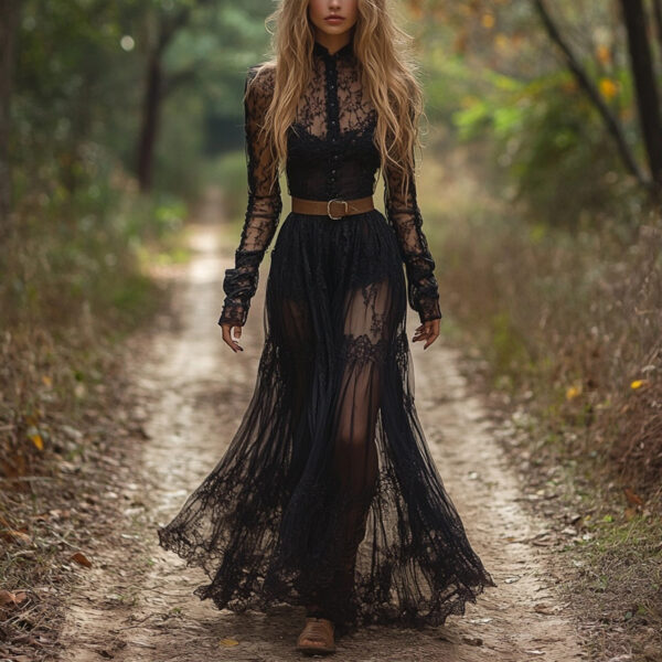 Vintage V-neck Lace Womens Long-Sleeve Dress