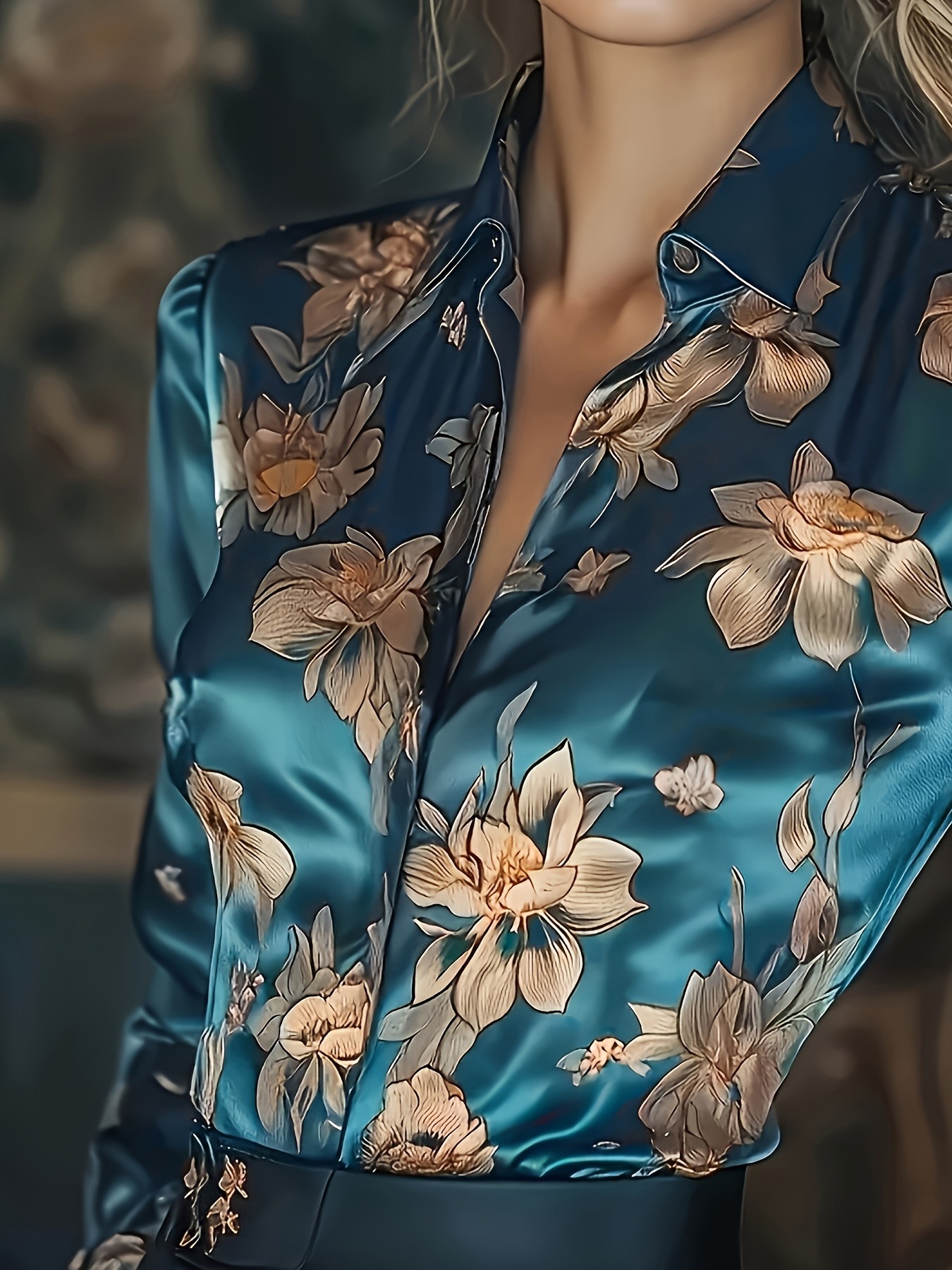 Womens Retro Printed Satin Long-Sleeve Shirt - Image 6