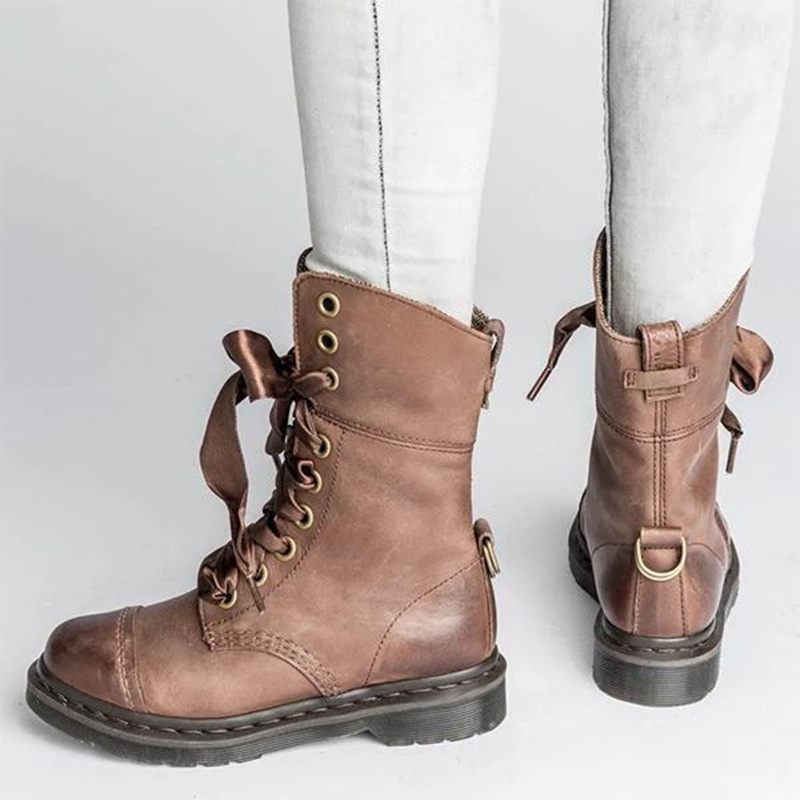 British-style Lace-up Round-toe Flat Ankle Boots For Women - Image 4