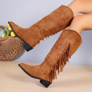 Womens Solid-Color Pointed-Toe Low-Heel Comfortable All-Match Long Boots