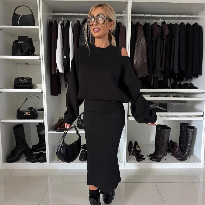 Womens Relaxed Off-shoulder Batwing-sleeve Cropped Top And Tank Dress Set - Image 2