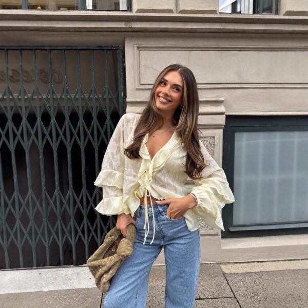 French-style Ruffled Lace Cardigan With Flared Sleeves And Tie Detailing