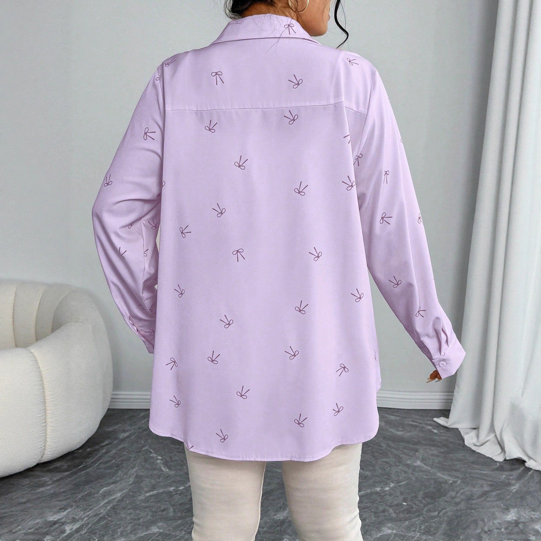 New Plus Size Womens Shirt Jacket With Bow Tie And Print Long Sleeve Top - Image 3